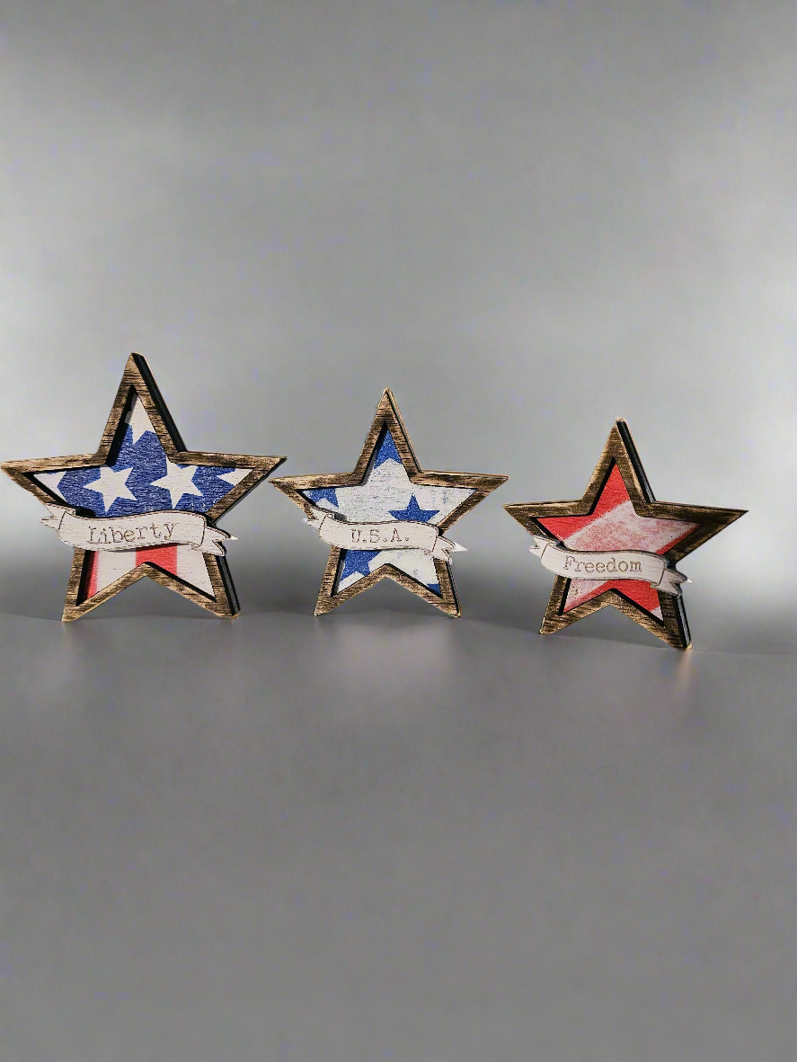 Patriotic wooden star signs with Liberty, USA, and Freedom text, Bearnugget Customs decor