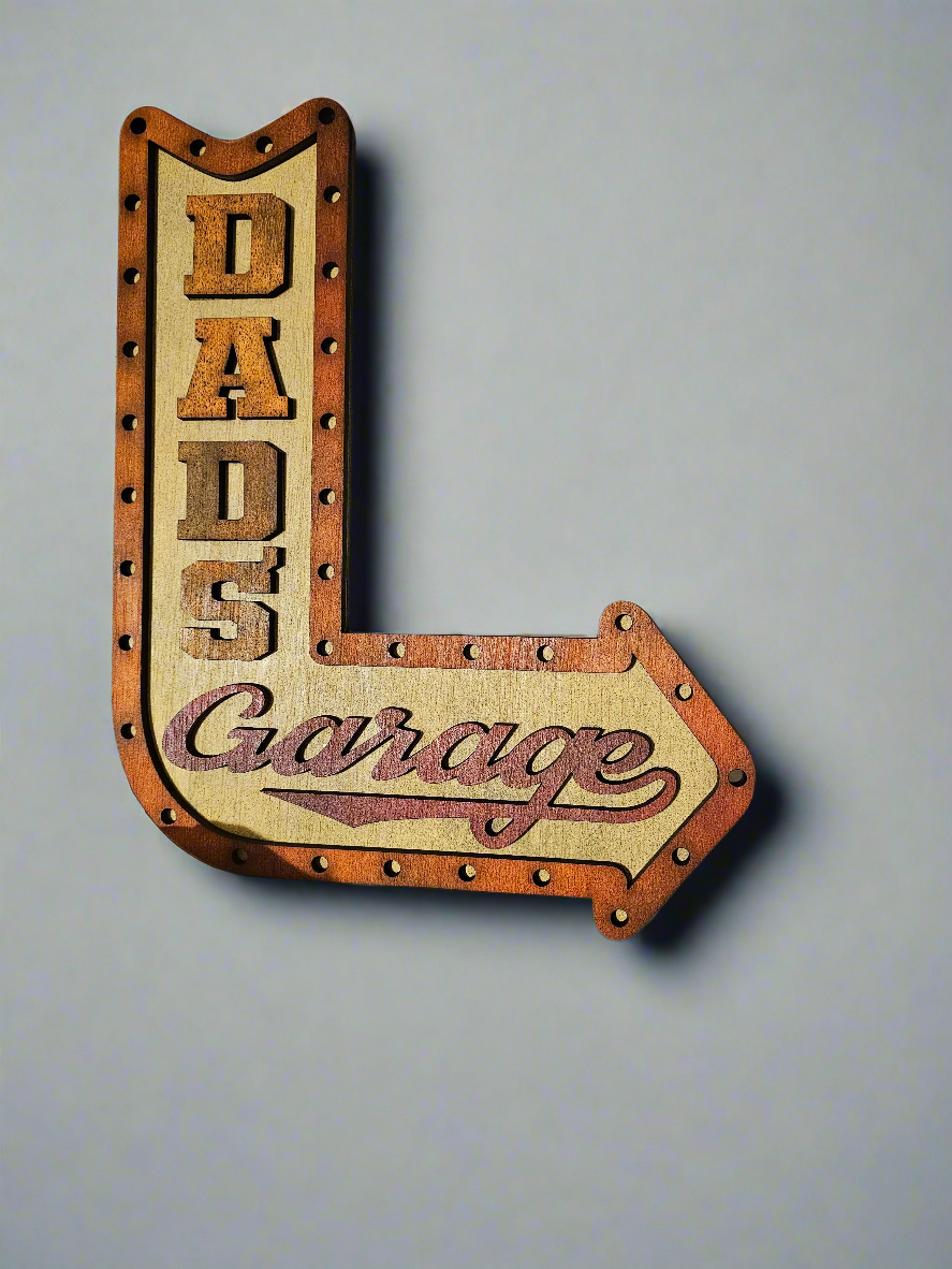 Wooden custom sign shaped like an arrow, reads 'Dad's Garage', wall decor by Bearnugget Customs