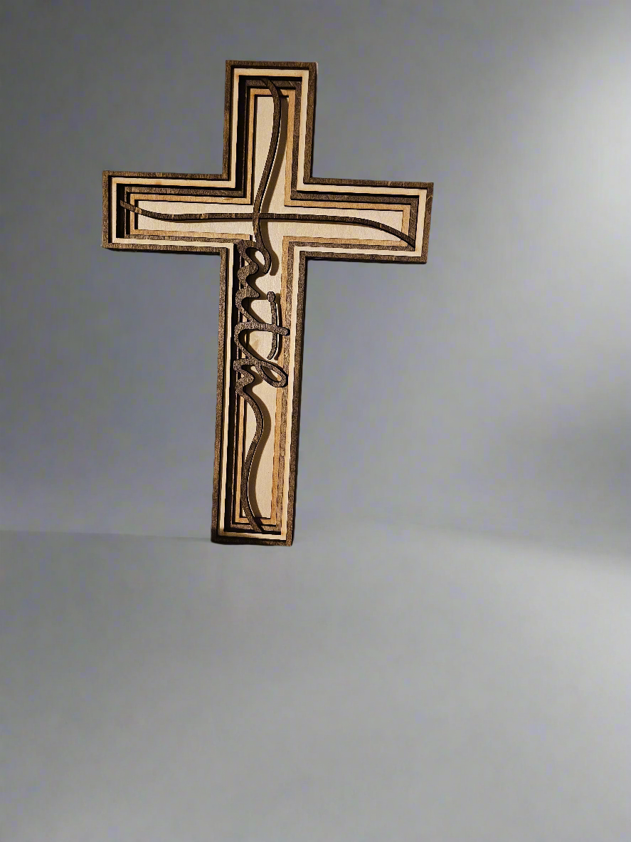 Custom wooden cross sign with engraved design on neutral background from Bearnugget Customs