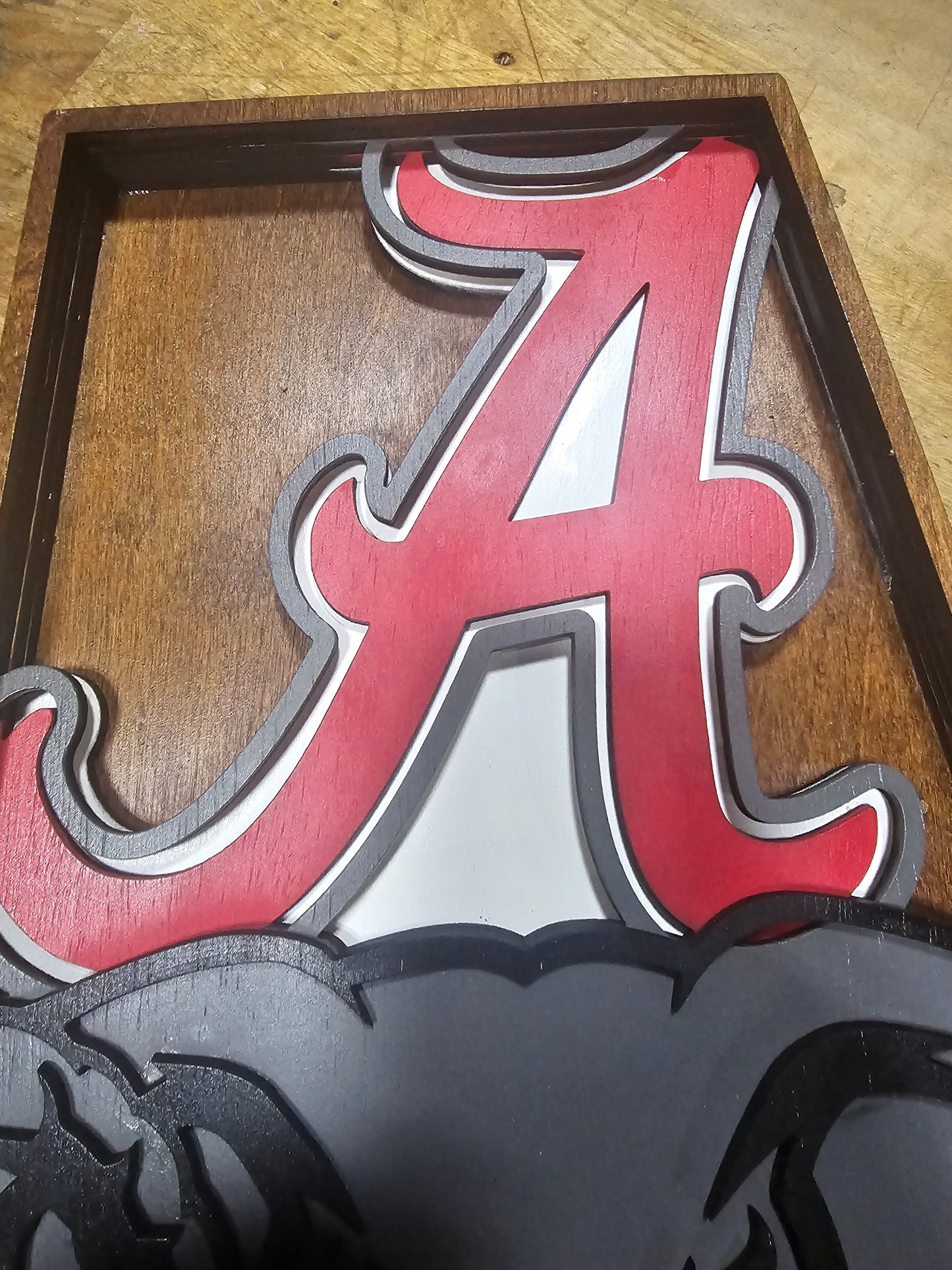 Custom Alabama sports sign with red A and elephant design on wood, BearNugget Customs