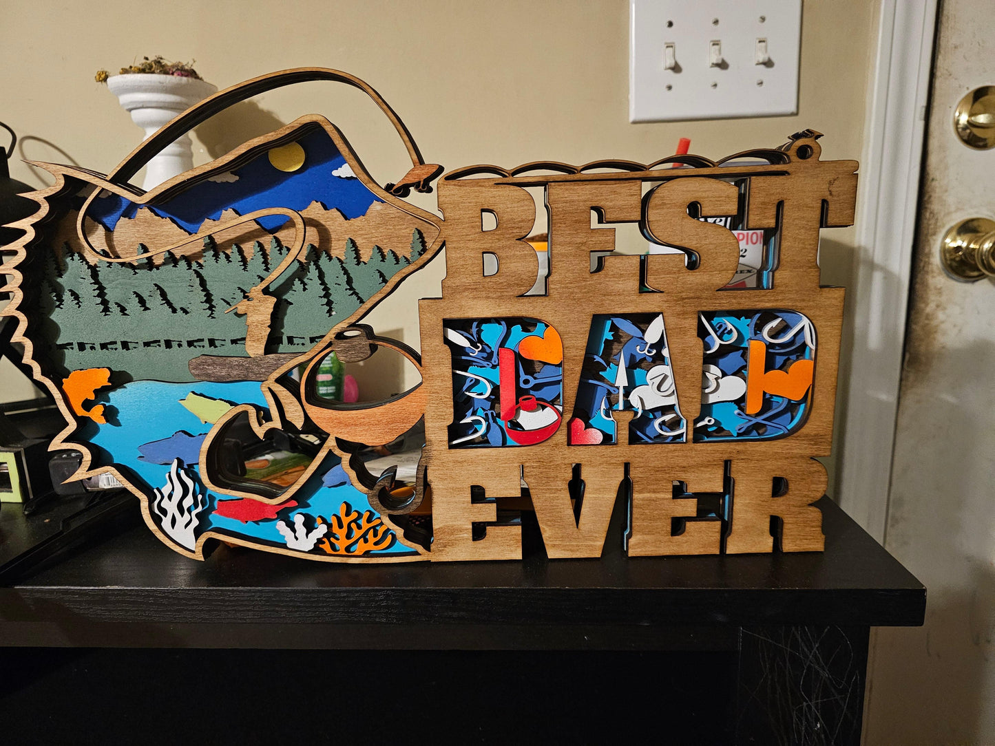 Custom wooden 'Best Dad Ever' sign with fishing and mountain scene, fan art by Bearnugget Customs