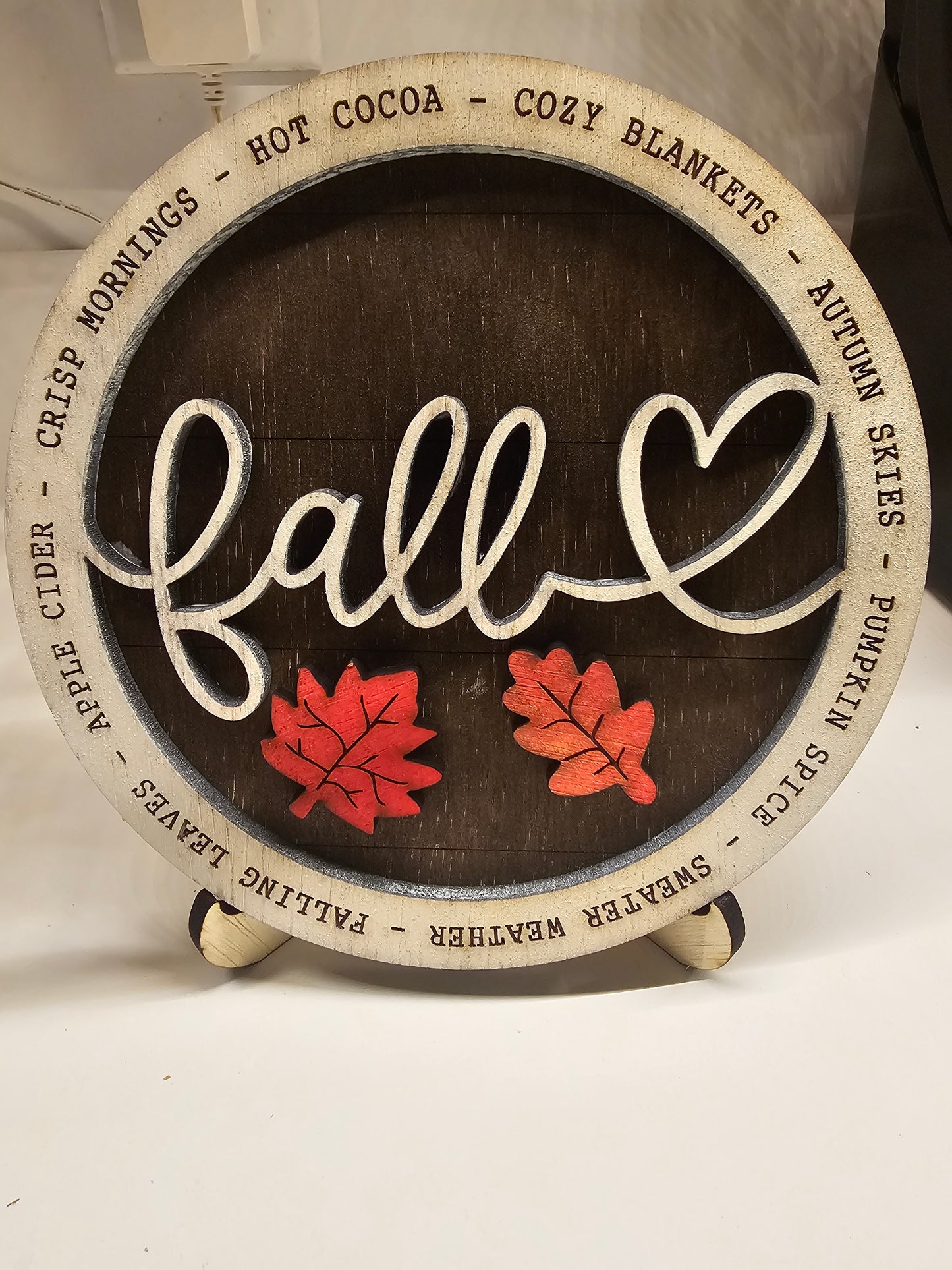 Custom wooden fall sign with 'fall' text, heart, and red leaves by BearNugget Customs