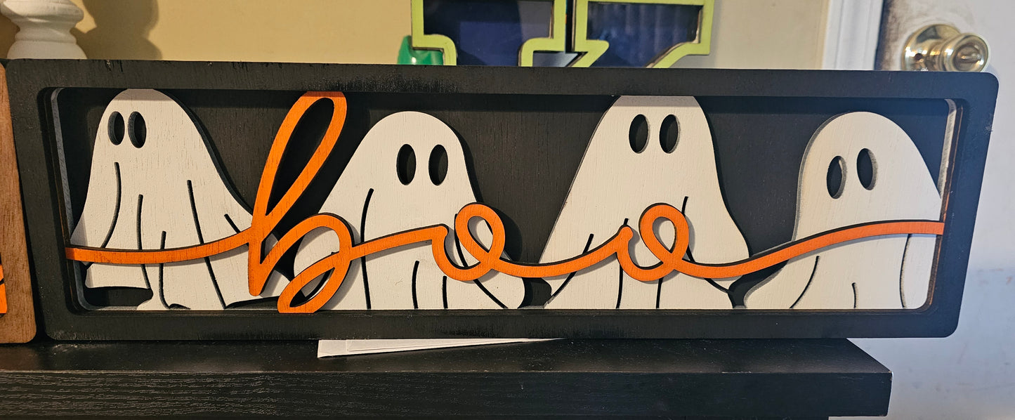 Custom Halloween wooden sign with four cartoon ghosts and orange 'boo' text, Bearnugget Customs
