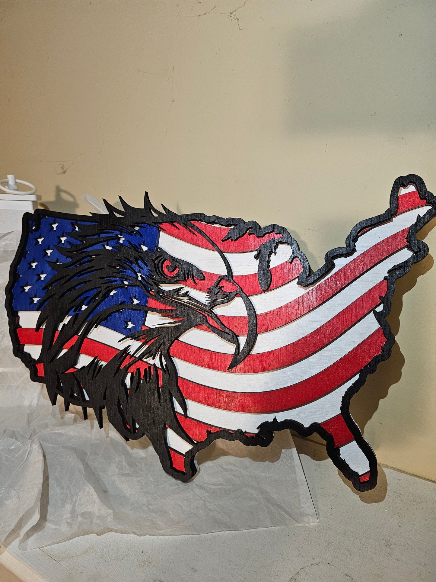 Patriotic eagle and USA map custom wood sign with American flag design by BearNugget Customs
