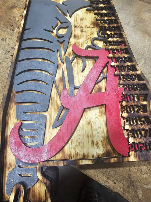 Custom wooden sports sign with Alabama elephant and crimson A by Bearnugget Customs