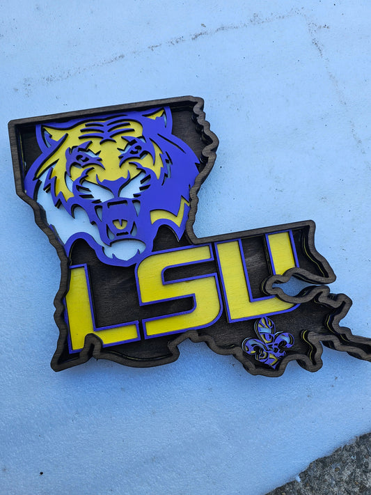 Custom LSU tiger sign in Louisiana shape on blue background, Bearnugget Customs fan art