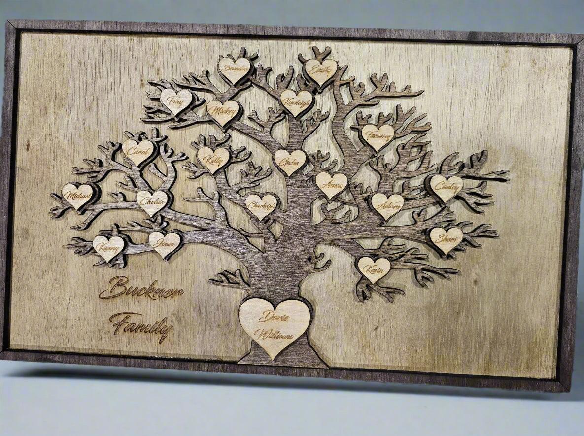 Custom engraved wooden family tree sign with heart-shaped name plaques by BearNugget Customs