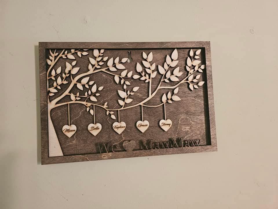 Custom wooden family tree sign with heart name tags, handcrafted wall art by BearNugget Customs