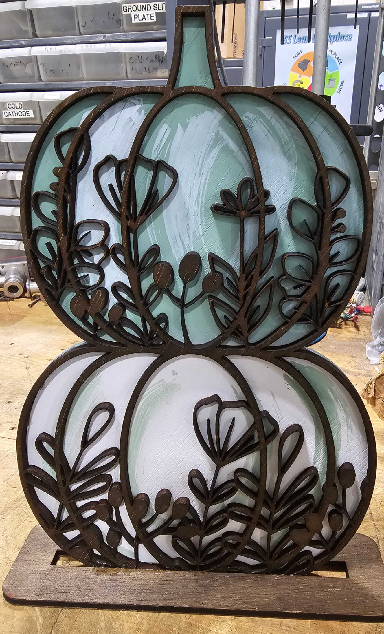 Layered wooden pumpkin sign with floral cutouts, handmade decor by BearNugget Customs
