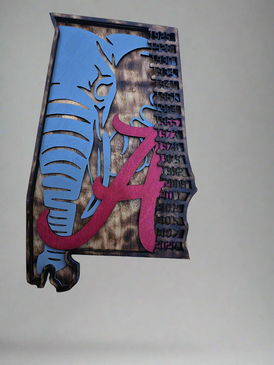 Alabama state-shaped custom wood sign with blue elephant, crimson A, and championship years.