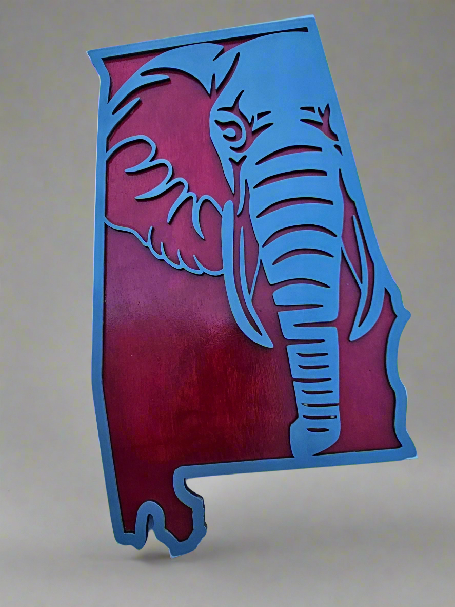 Custom Alabama state sign with blue elephant outline, unique sports fan art by Bearnugget Customs