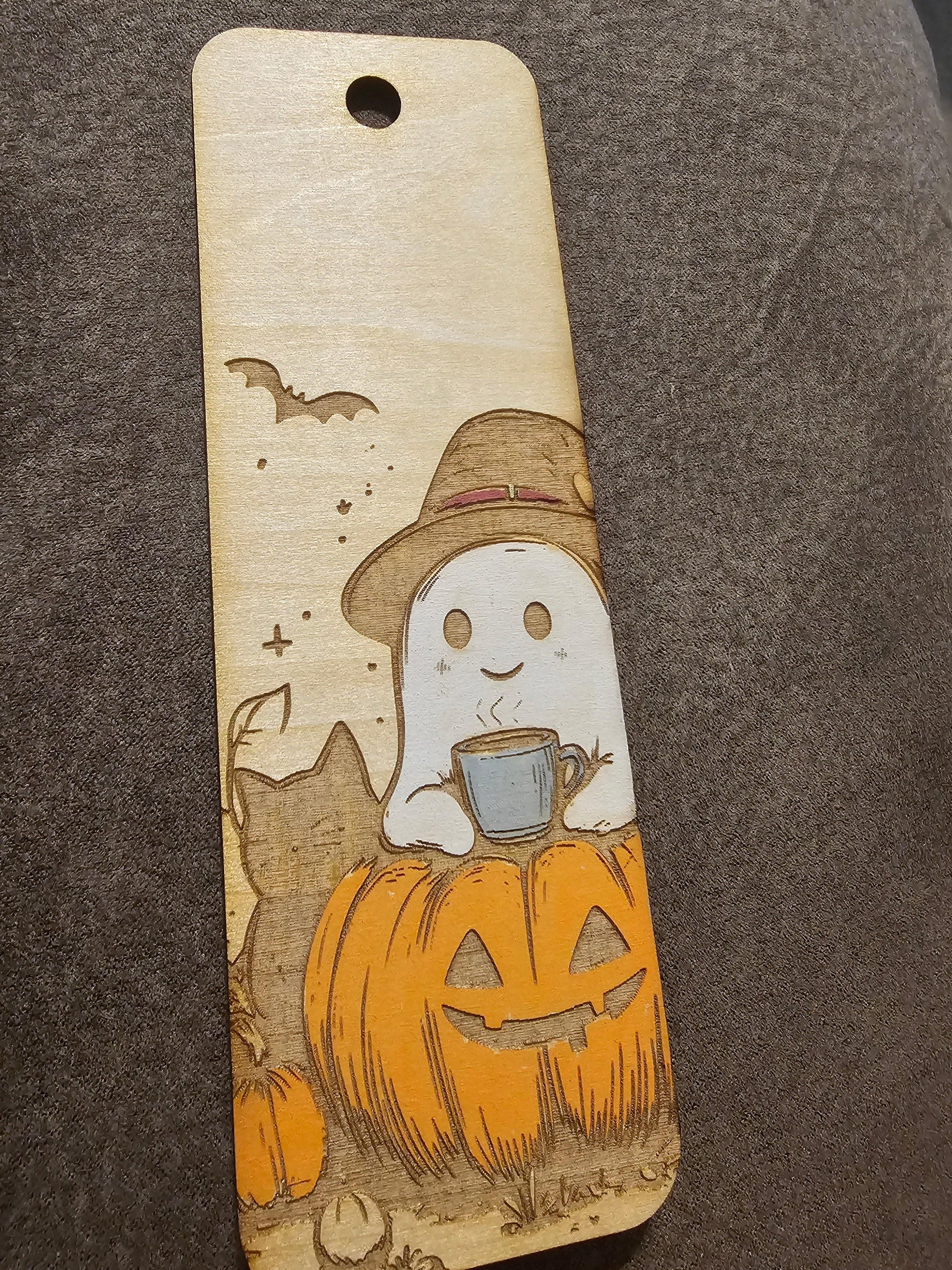 Custom wooden sign with a cute ghost holding a mug on a jack-o'-lantern, by Bearnugget Customs