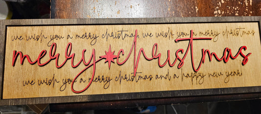 Wooden sign with engraved and red raised lettering reading 'Merry Christmas' and festive wishes, custom decor by BearNugget Customs.