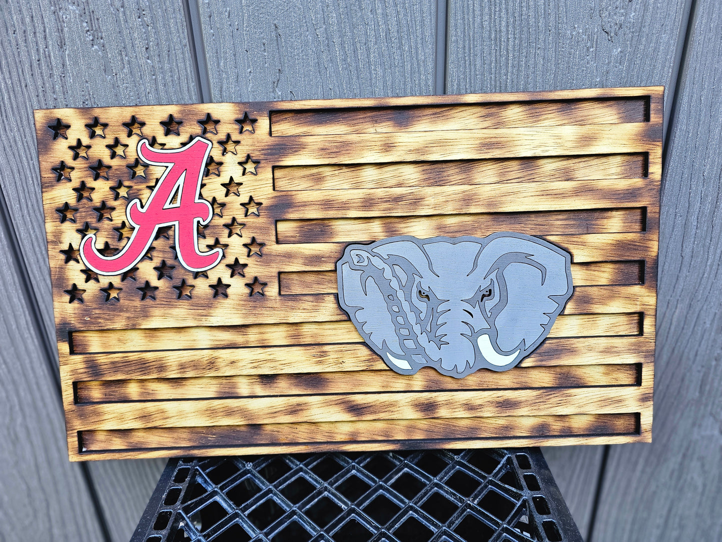 Handcrafted wooden Alabama Crimson Tide sports sign with elephant mascot and red A, by Bearnugget Customs