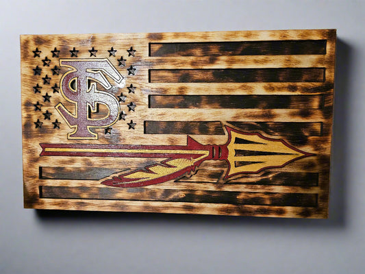 Custom wood sports sign with spear and FSU logo, rustic American flag design by BearNugget Customs.