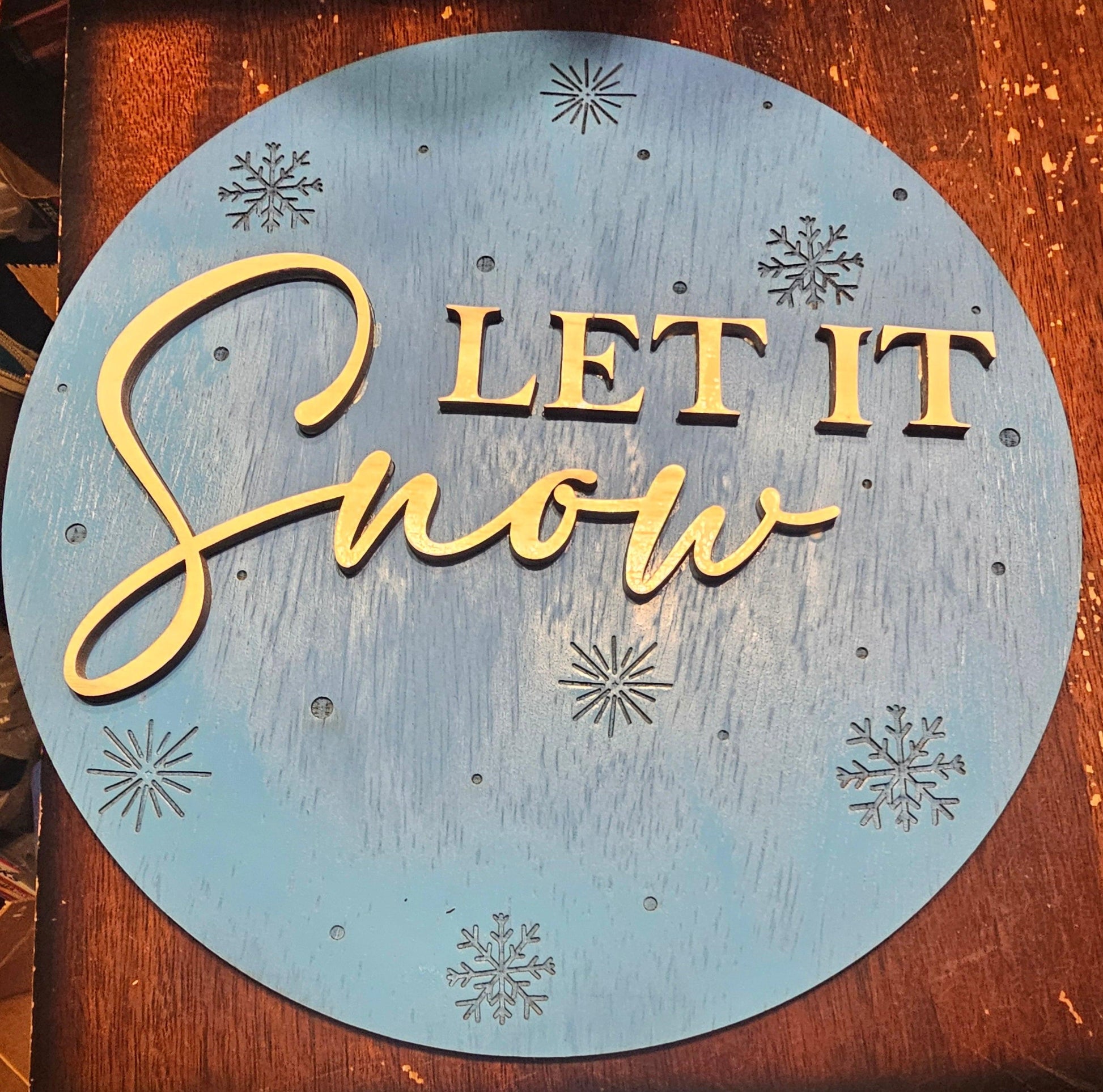 Blue wooden Let It Snow sign with snowflakes, custom winter decor by Bearnugget Customs