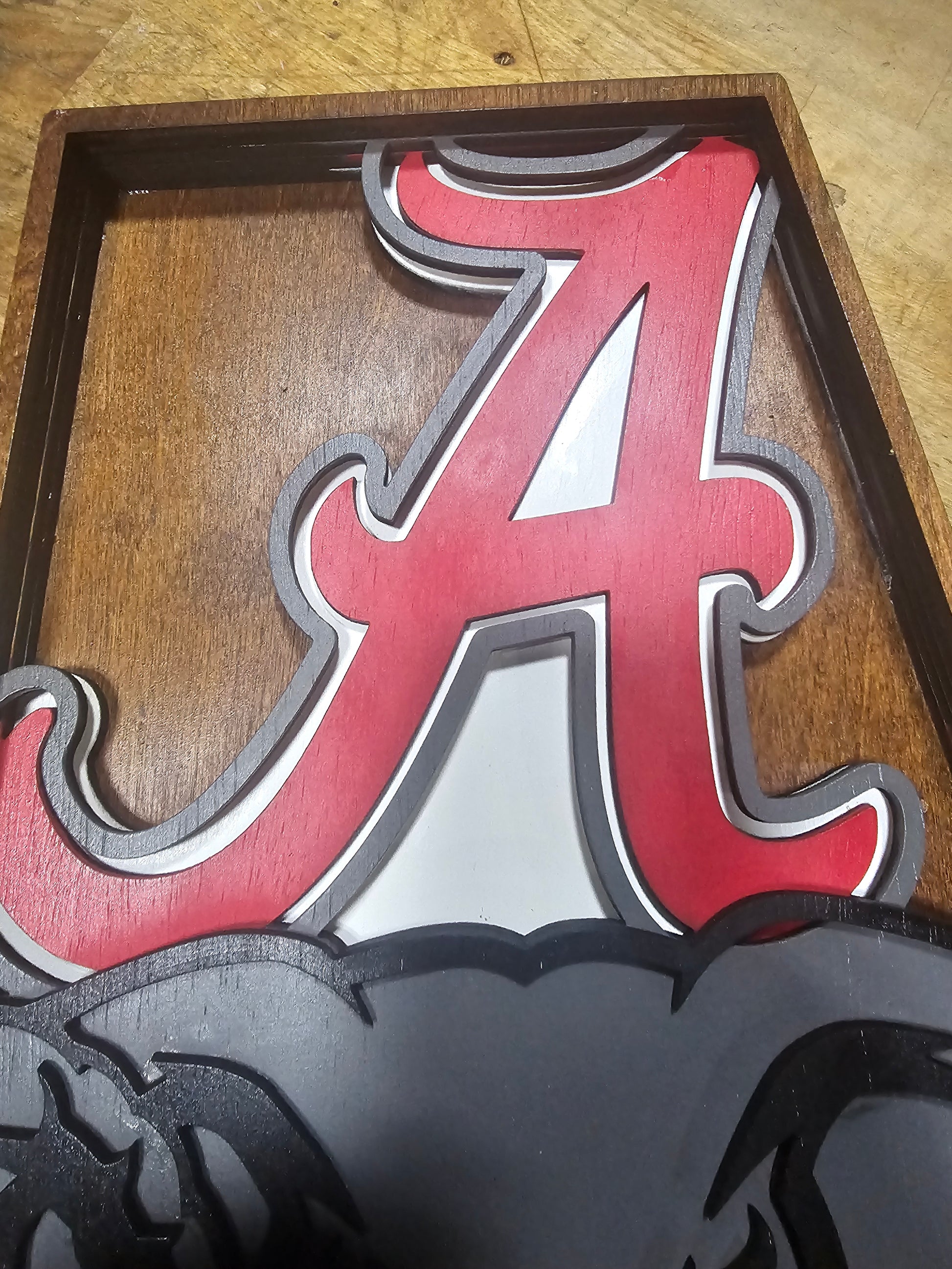 Custom Alabama sports sign with red A and elephant design on wood, BearNugget Customs
