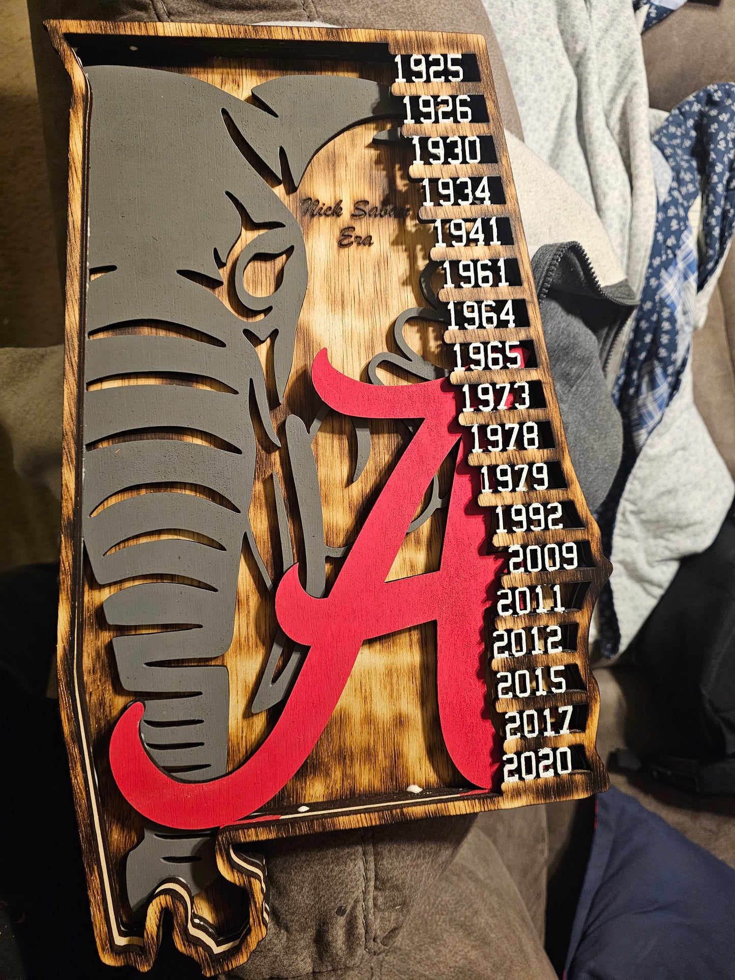 Custom Alabama Crimson Tide sports sign with elephant, red script A, and championship years by Bearnugget Customs