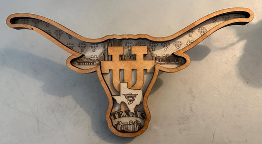 Custom wooden Texas Longhorn sign with skyline and 'TEXAS' engraved, fan art by Bearnugget Customs