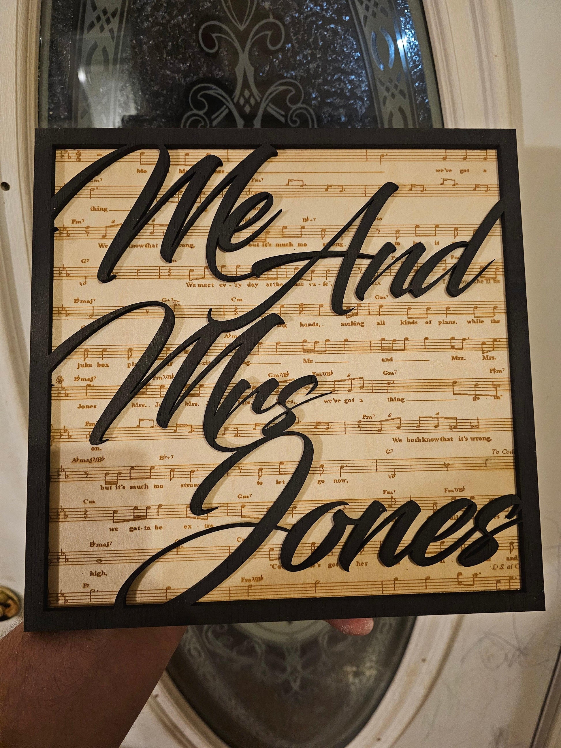 Custom wood sign with 'Me And Mrs Jones' script over sheet music, handcrafted by Bearnugget Customs