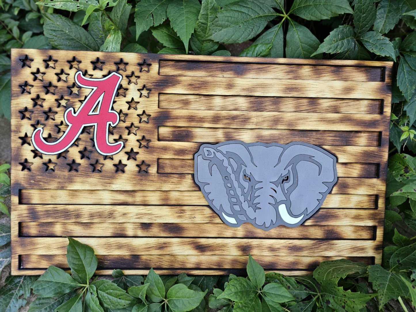Custom Alabama Crimson Tide wooden American flag sign with elephant logo by BearNugget Customs