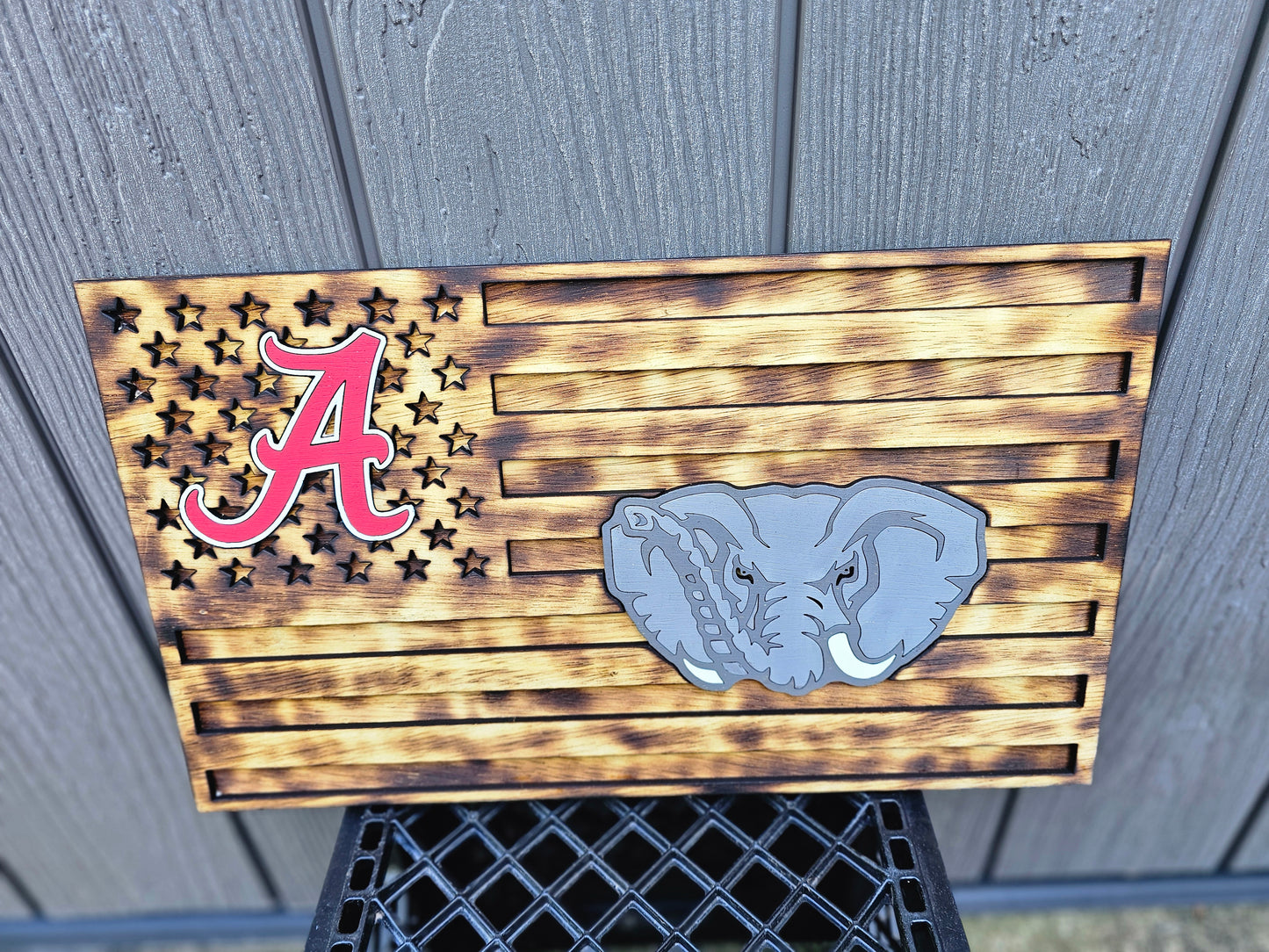 Custom wood sports sign with Alabama crimson A, elephant mascot, and American flag from Bearnugget Customs