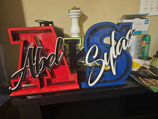 Custom red and blue sports signs with names Abel and Sylas by BearNugget Customs