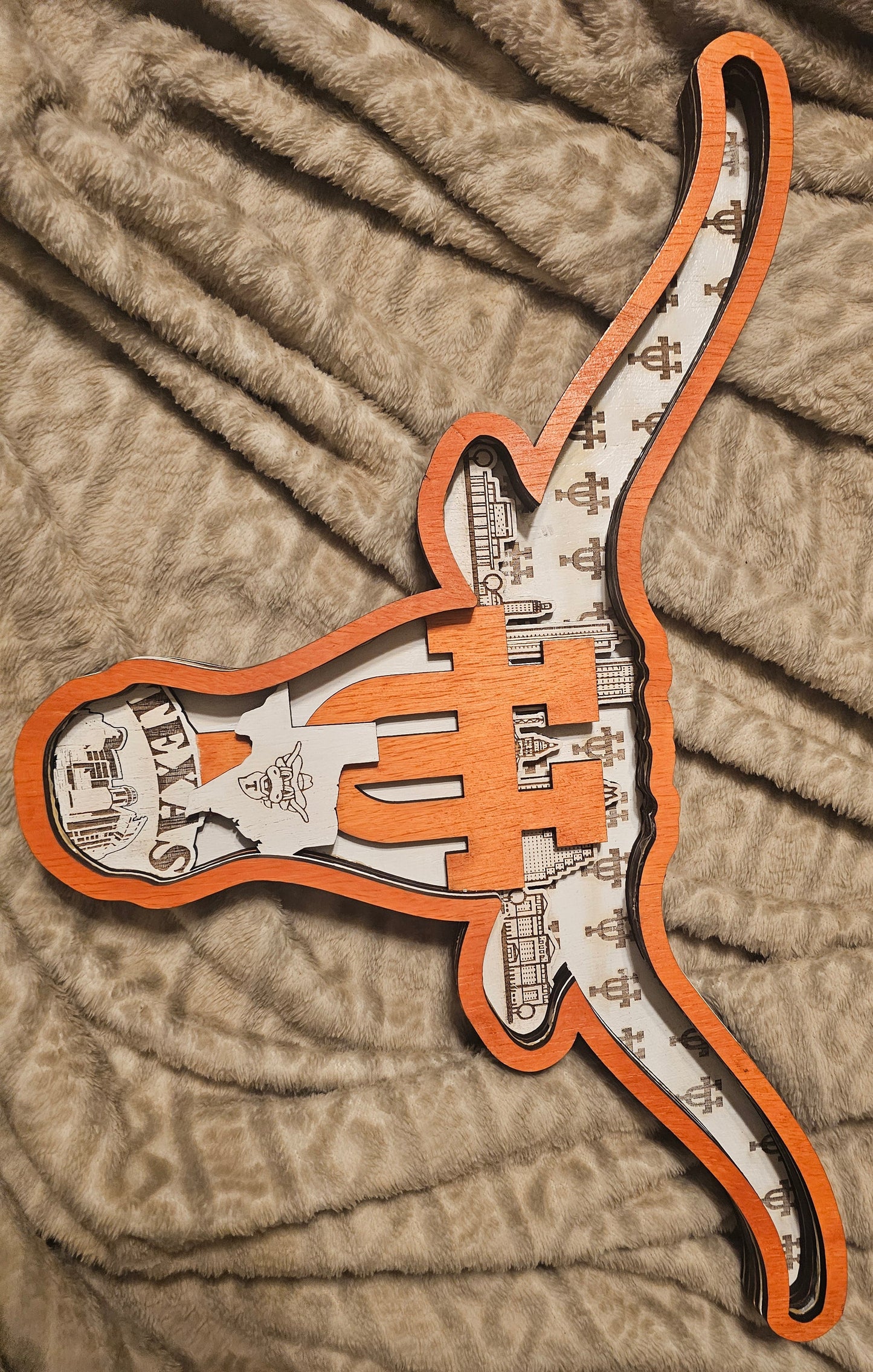 Custom Texas Longhorn wood sign with Austin cityscape, handcrafted by Bearnugget Customs.