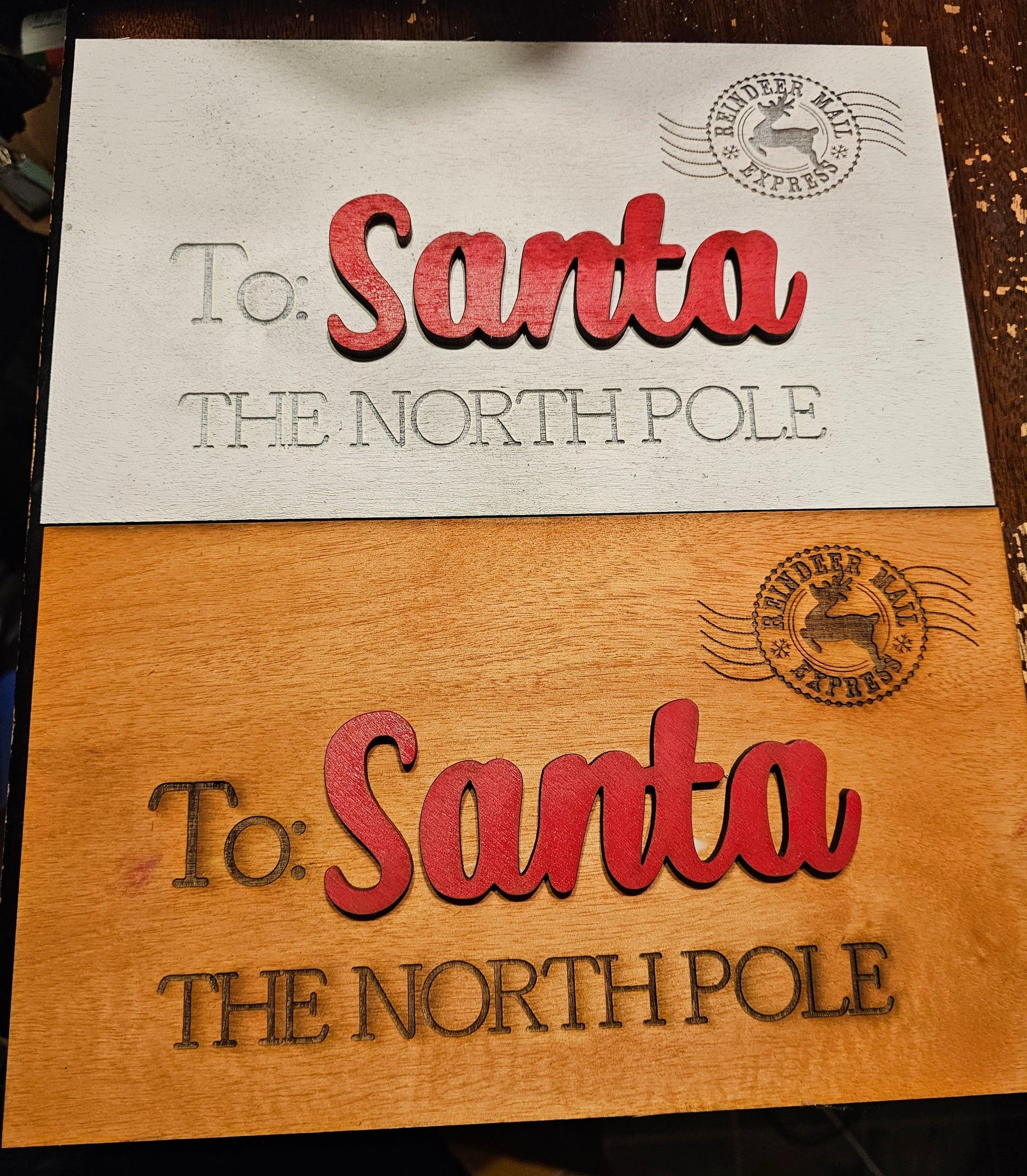 Custom wood signs from Bearnugget Customs featuring 'To: Santa The North Pole' design.