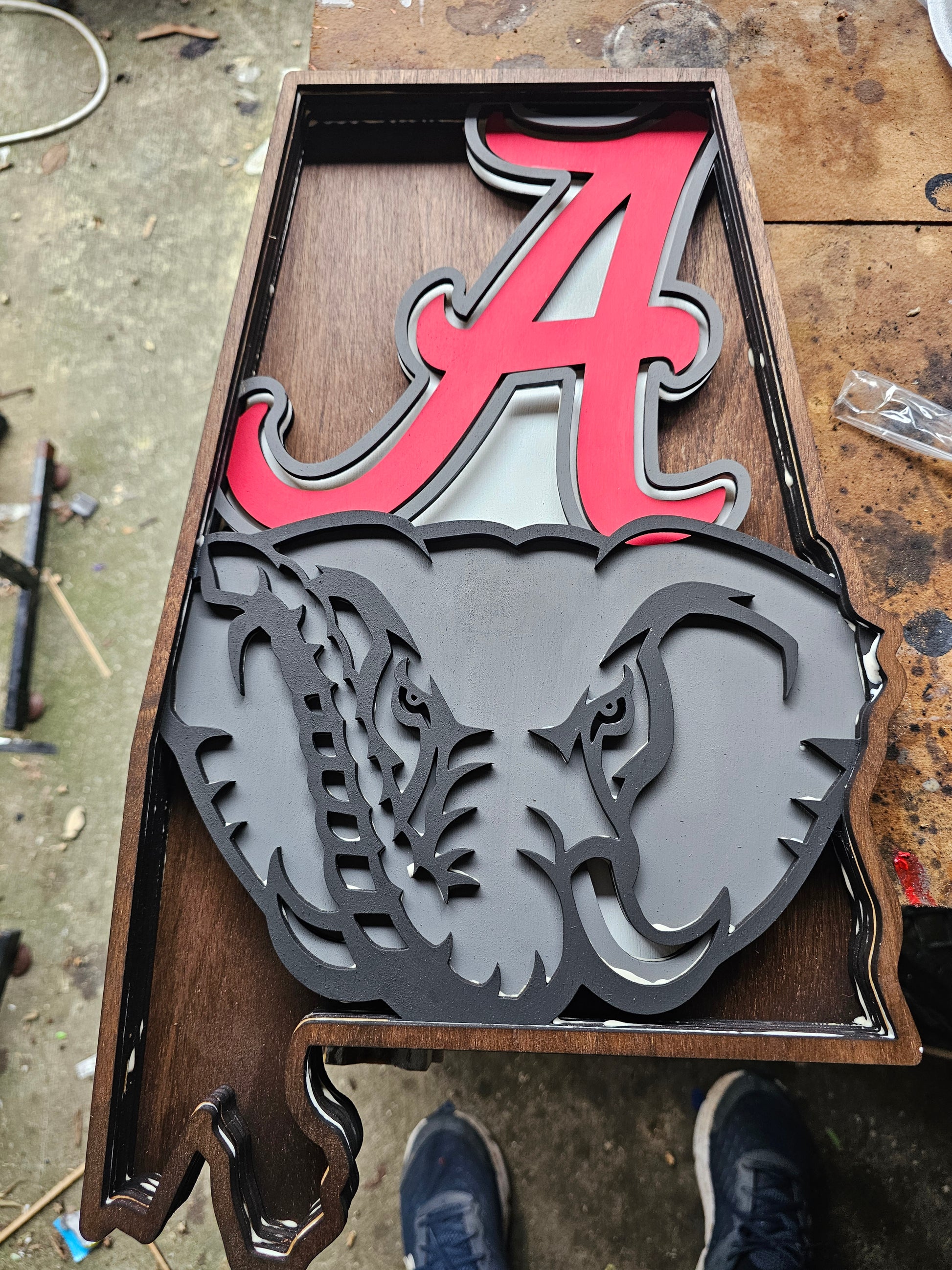 Custom Alabama sports sign with red letter A and elephant, shaped like the state, by Bearnugget Customs