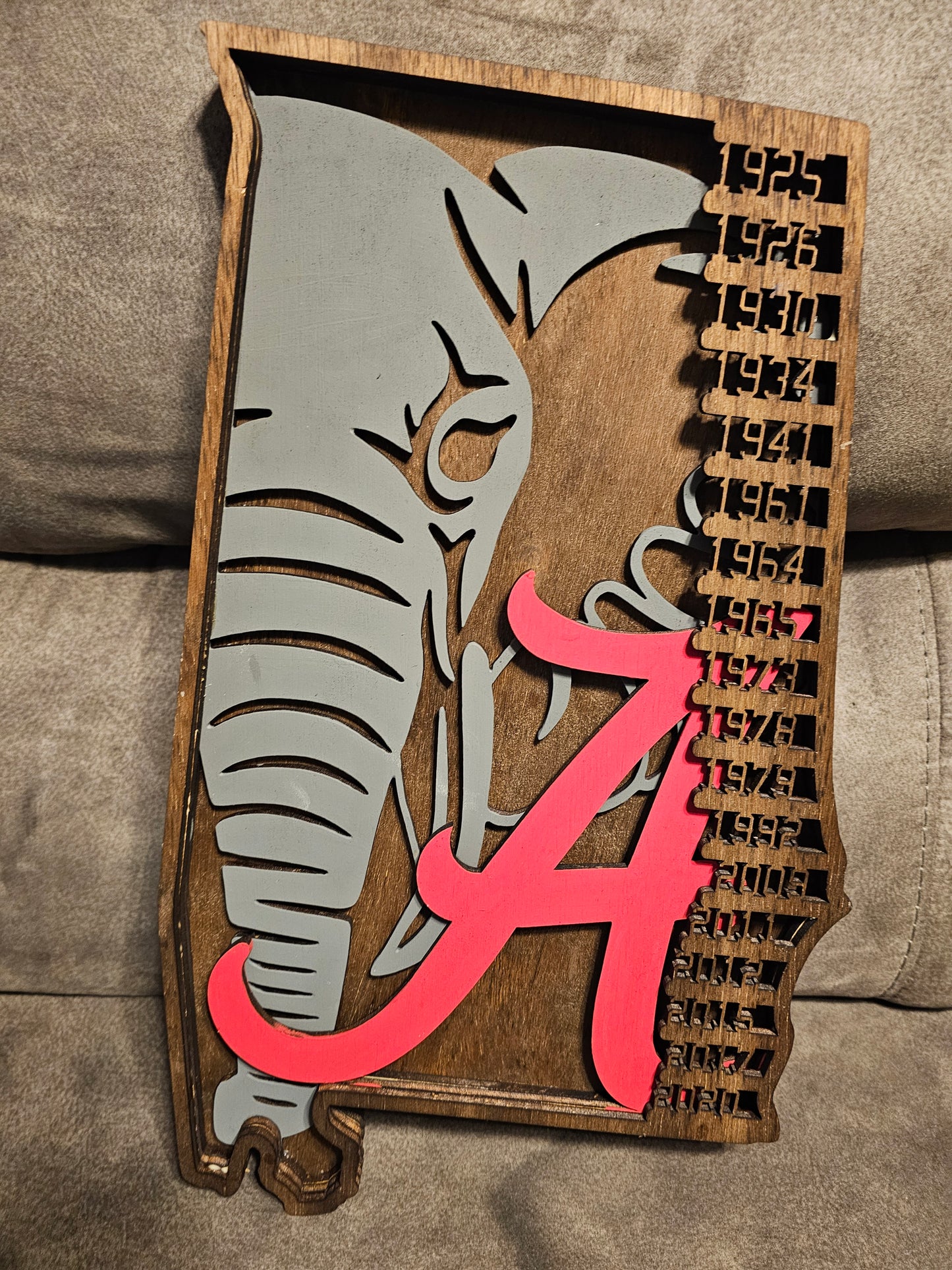 Custom Alabama sports sign with elephant, crimson A, and championship years by Bearnugget Customs