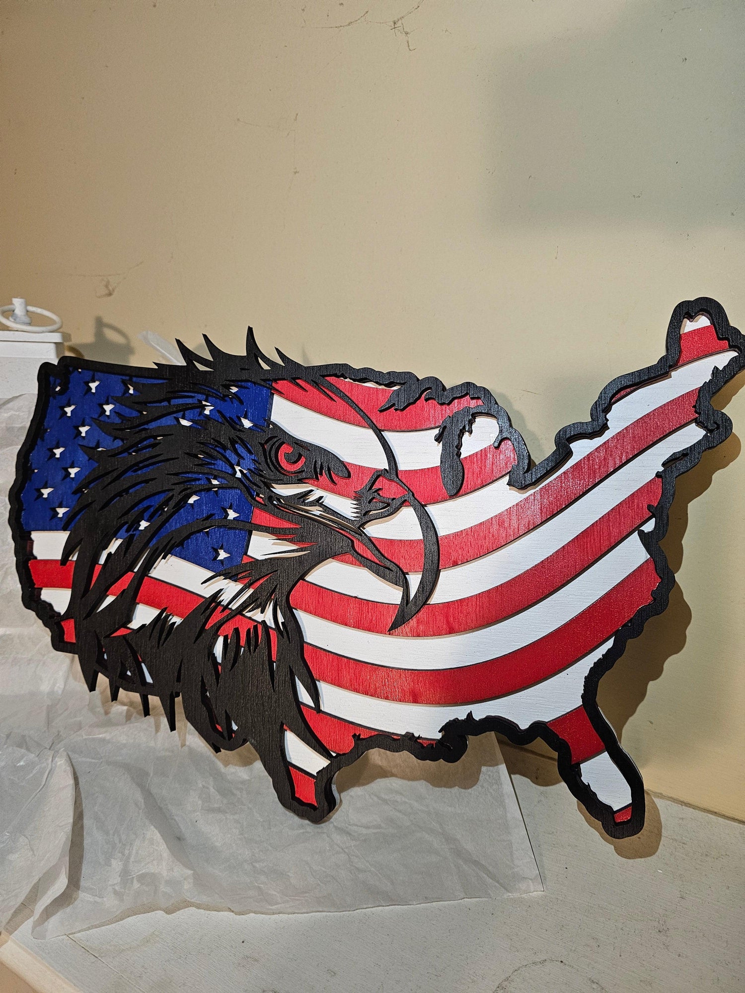 Patriotic eagle and USA map custom wood sign with American flag design by BearNugget Customs