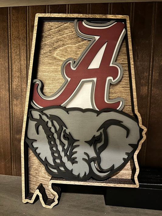 Custom Alabama Crimson Tide sign shaped like Alabama with elephant and script A, sports fan decor