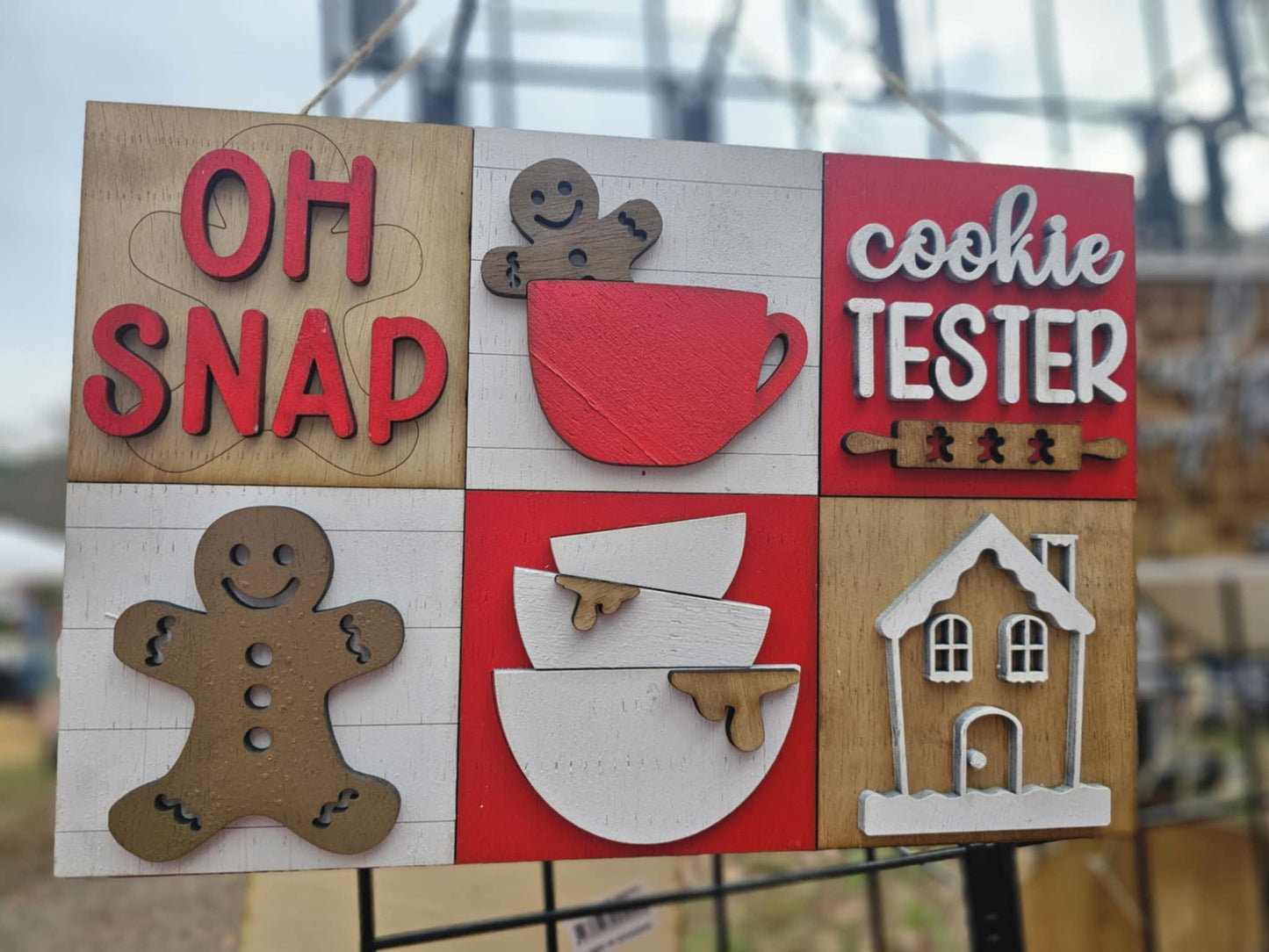 Handcrafted wooden sign with gingerbread men, cups, bowls, house, and 'Oh Snap Cookie Tester' text by BearNugget Customs