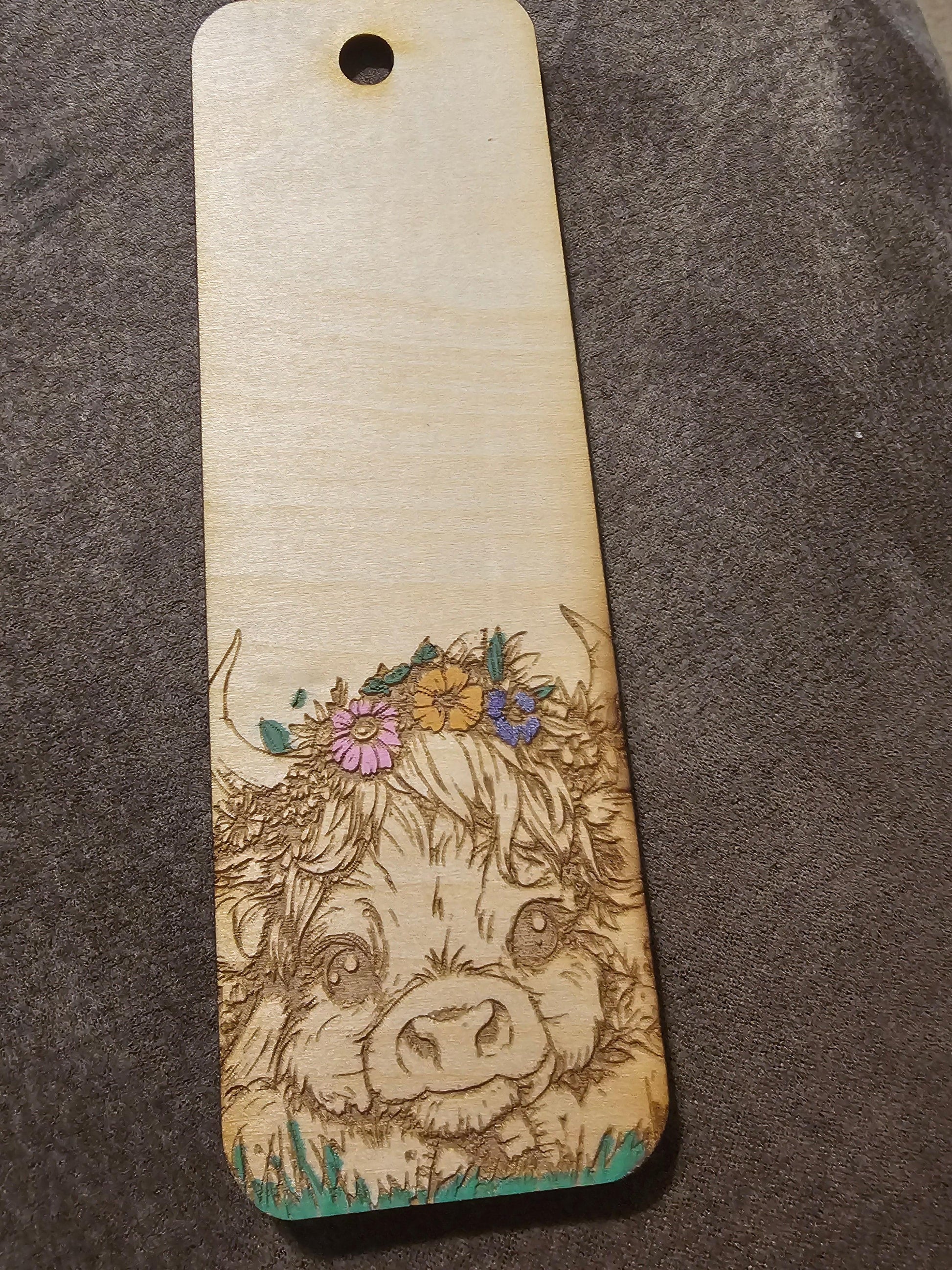 Laser-engraved wooden sign with a cute cow and flower crown, custom fan art by BearNugget Customs