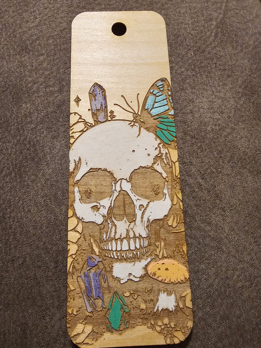 Handcrafted wooden bookmark with engraved skull, crystals, butterfly, and mushroom by BearNugget Customs