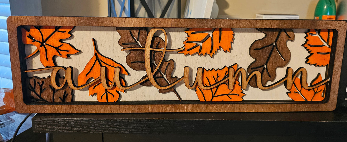 Custom wood autumn sign with orange and brown leaves, BearNugget Customs decor