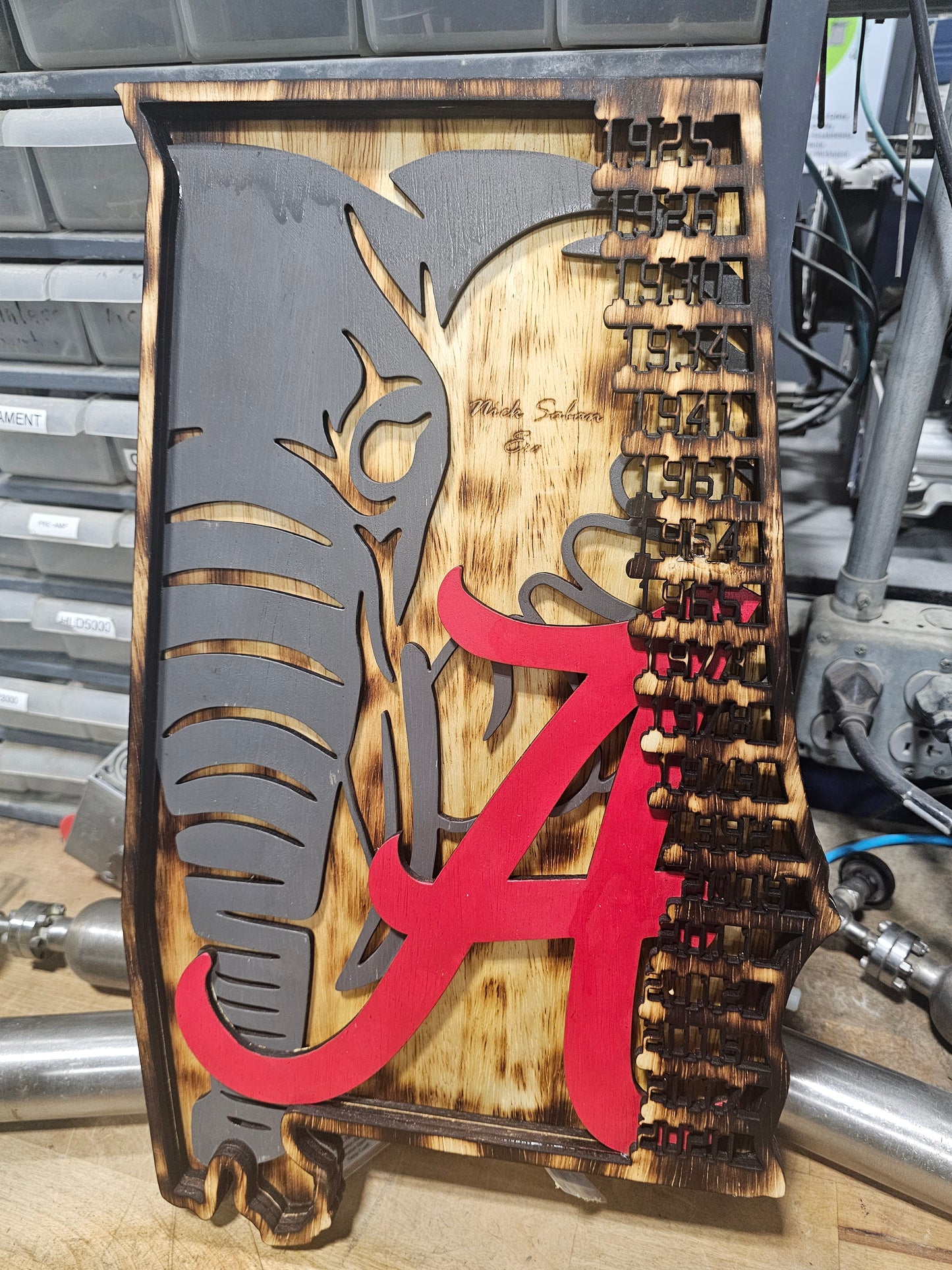Custom Alabama Crimson Tide wood sign with elephant and red A, handmade by Bearnugget Customs