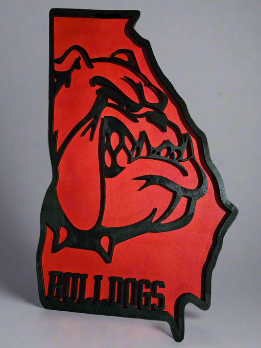 Red Georgia state custom sign with fierce bulldog art and 'BULLDOGS' text, fan decor